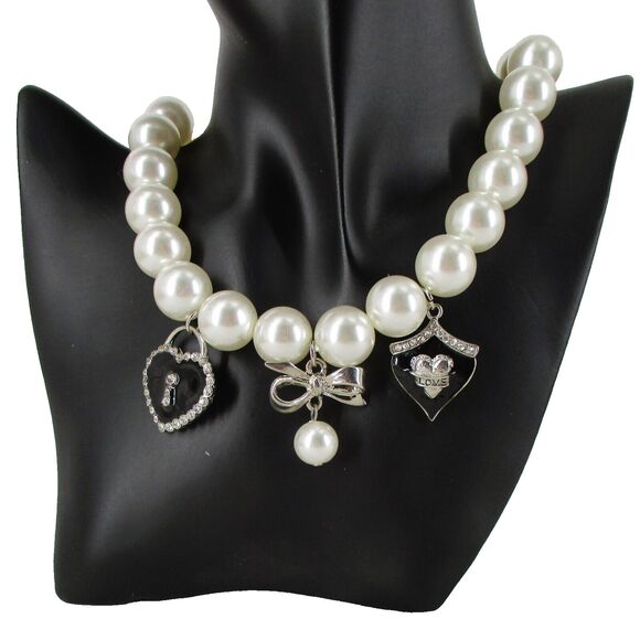 Express 18" Enamel Hearts Bows Chunky Faux Pearls Necklace Rhinestones Silver - Picture 1 of 6
